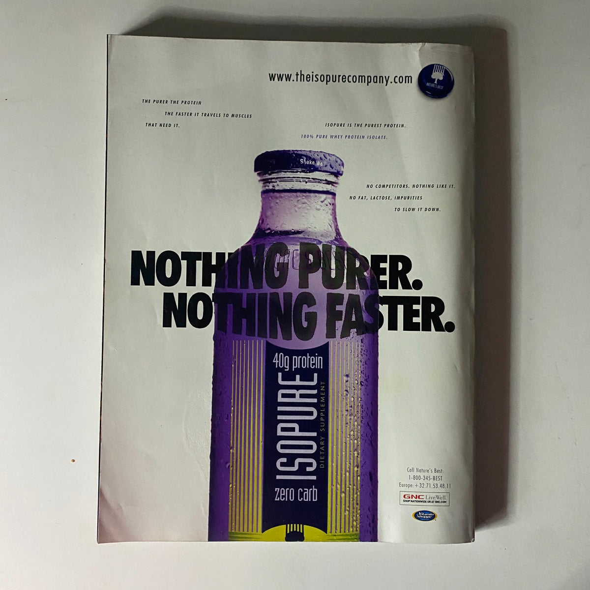 Back cover of Flex Magazine November 2008 showcasing an advertisement for Isopure protein, emphasizing purity and speed in muscle recovery.