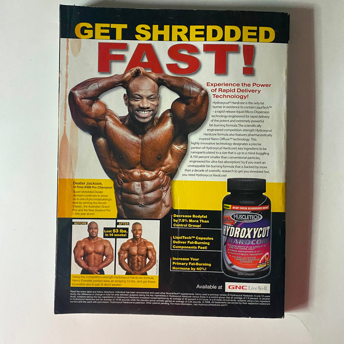 Back cover of Flex Magazine October 2008 featuring Dexter Jackson and Hydroxycut advertisement. The section highlights benefits of the product for bodybuilding and fitness enthusiasts, aligning with the theme of the issue that features Silvio Samuel and Lee Labrada.