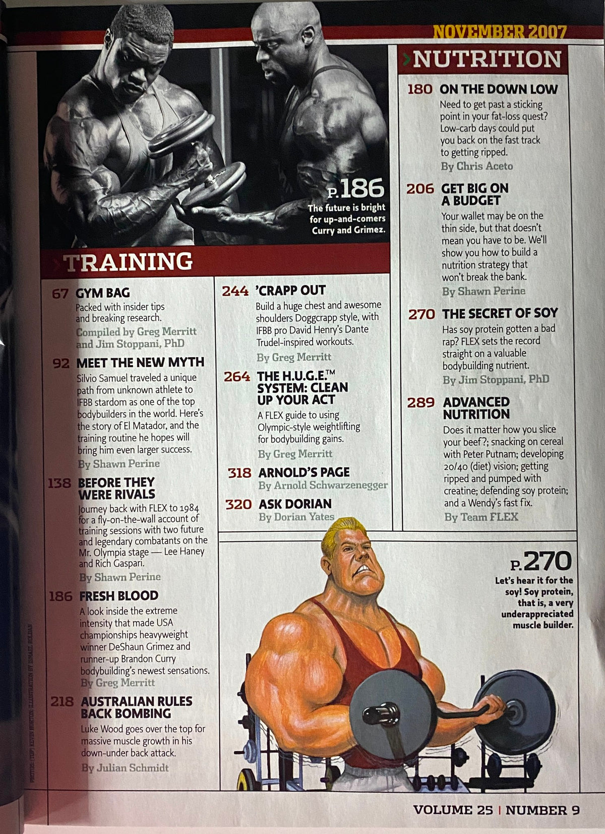 Inside page of Flex Magazine November 2007 highlighting training routines and nutrition advice, including a section on gym workouts by Greg Merritt and Jim Stoppani.