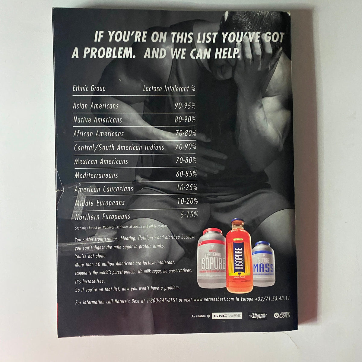 Back cover of Flex Magazine November 2007 detailing ethnic groups and their lactose intolerance rates, alongside advertising for protein supplements.