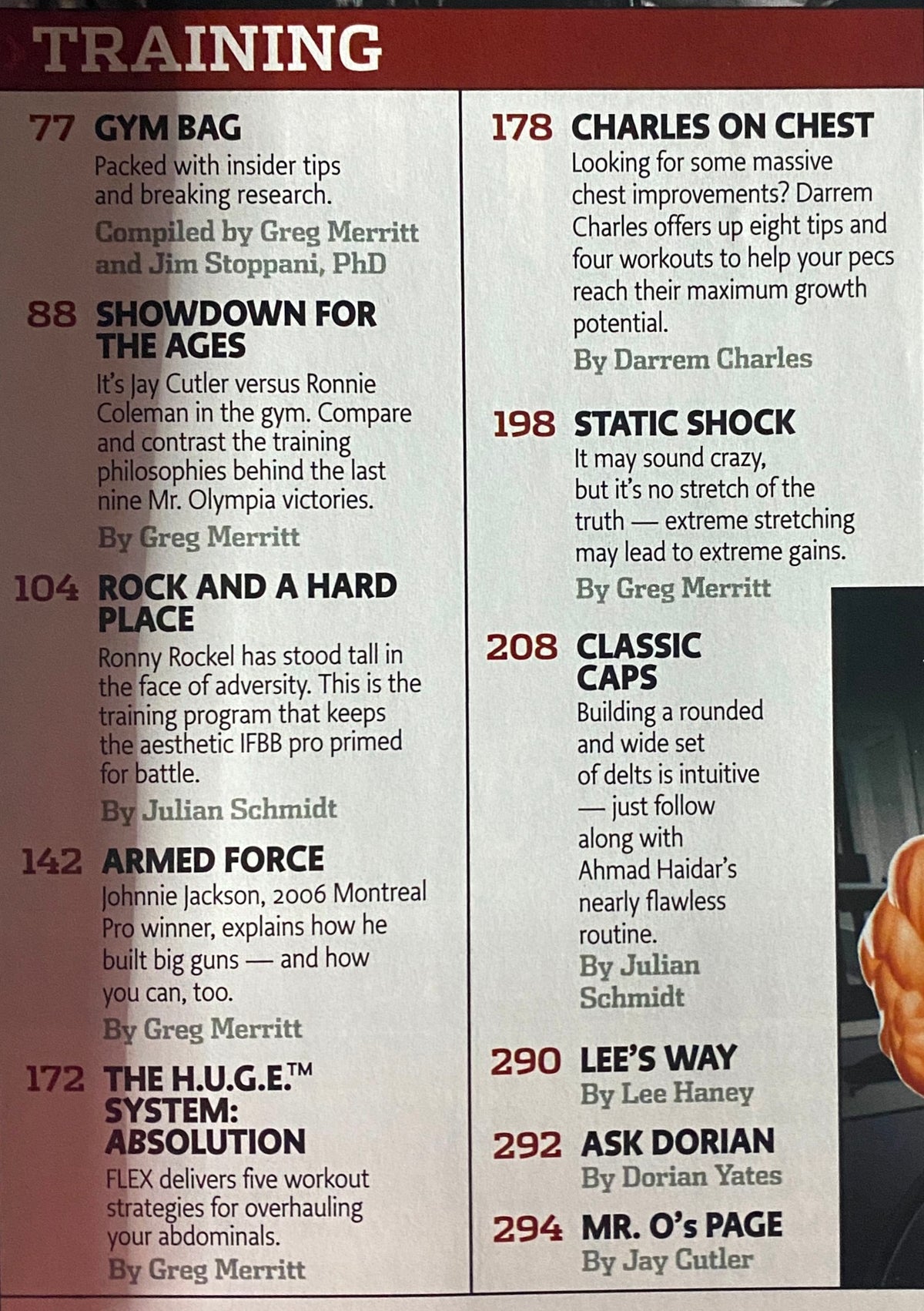Flex Magazine August 2007 content page showcasing the training section, including articles by Greg Merritt and tips from Jay Cutler on bodybuilding strategies.