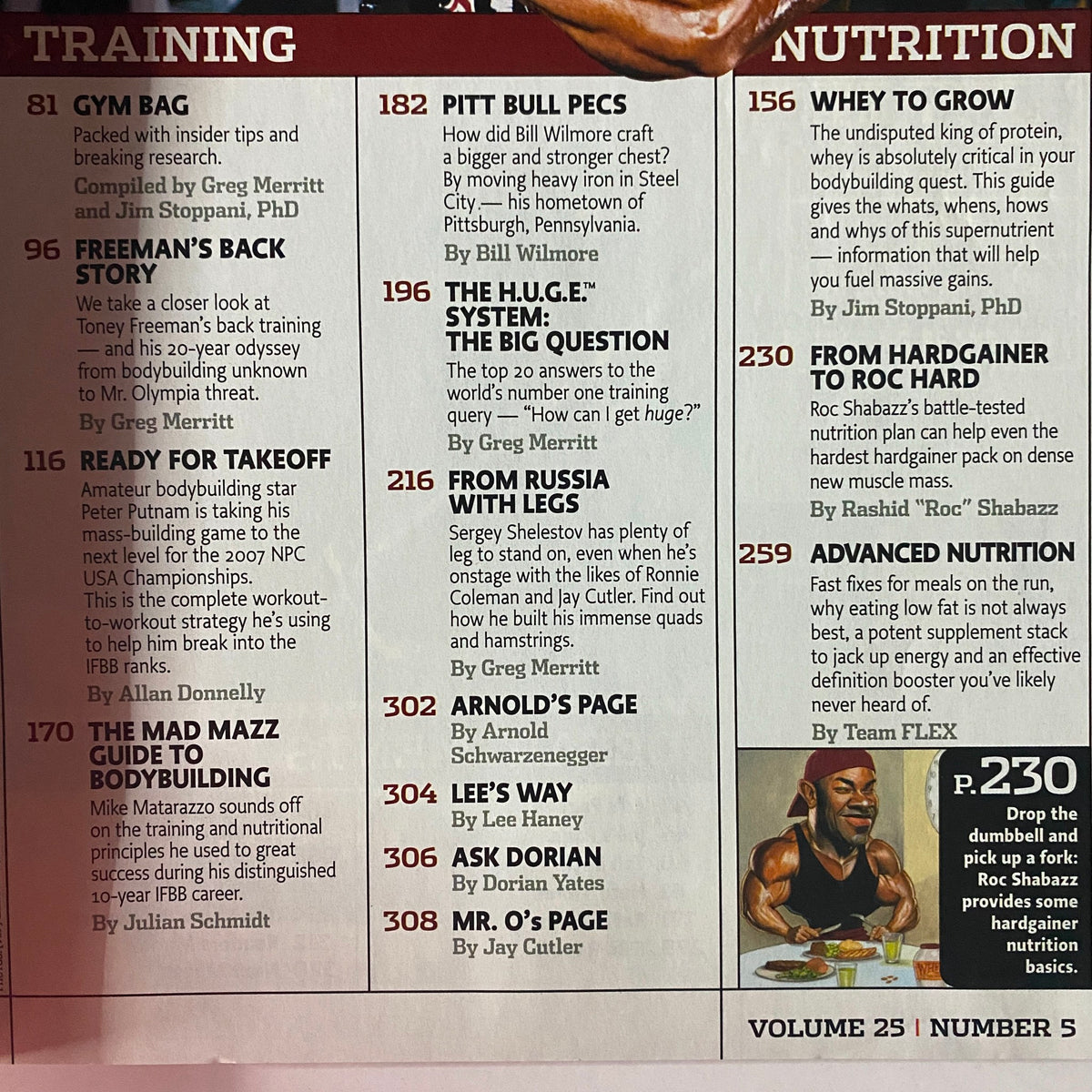 Inside page of Flex Magazine July 2007 Vol 25 Num 5 detailing training articles including 'Freeman's Back Story' and nutrition sections for bodybuilding enthusiasts.