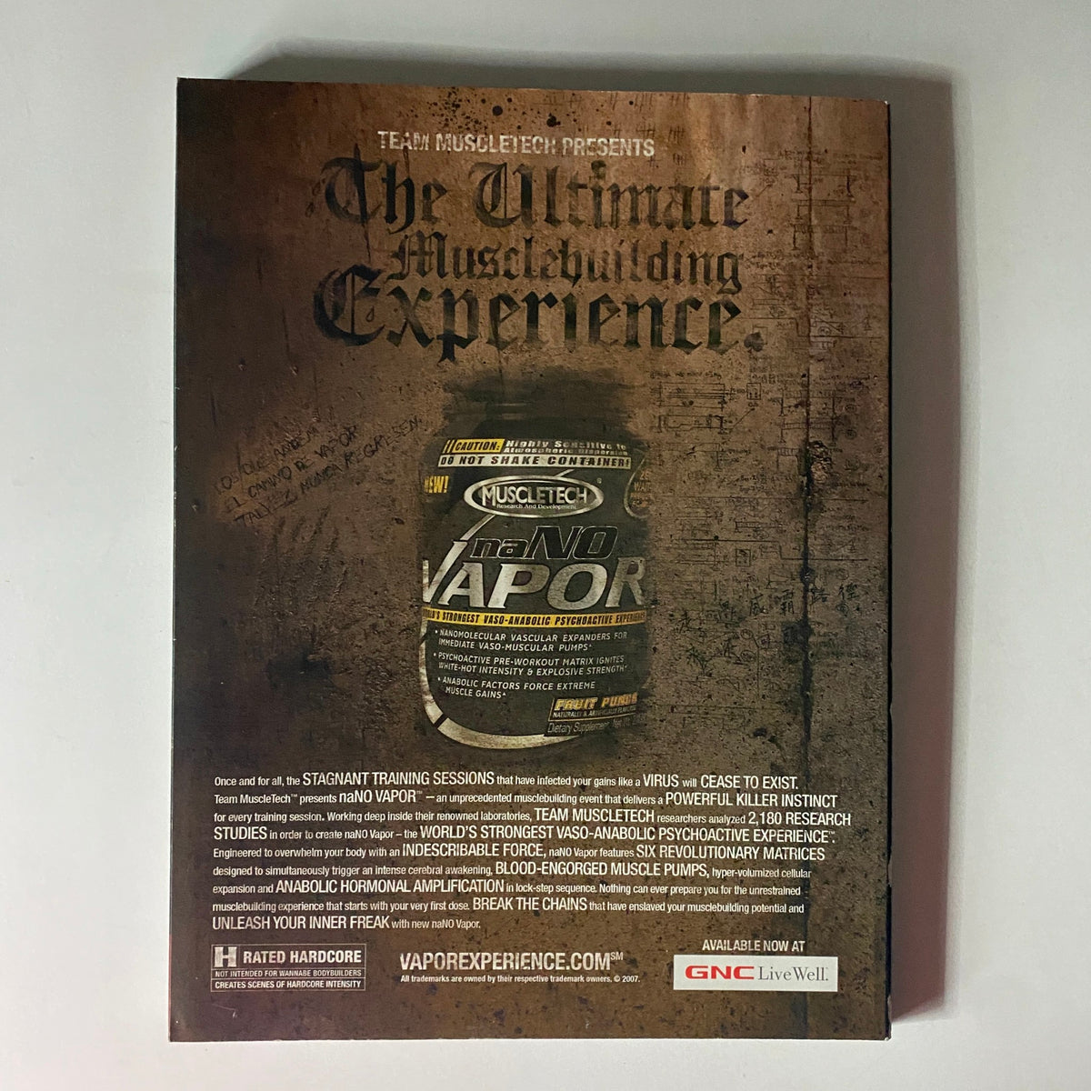 Back cover of Flex Magazine July 2007 Vol 25 Num 5 promoting bodybuilding supplements and the Ultimate Musclebuilding Experience.