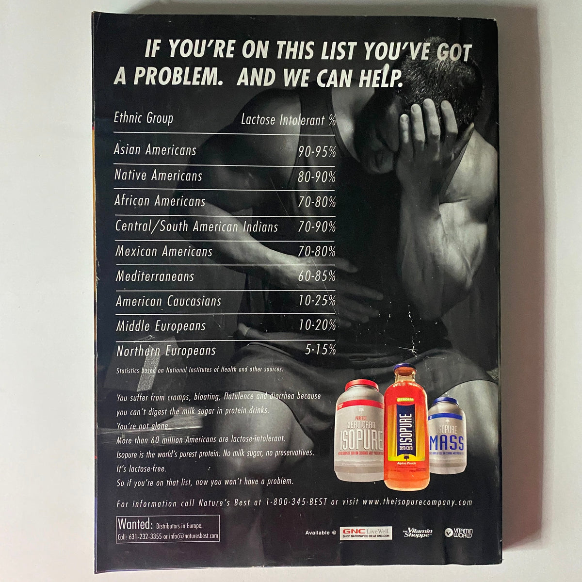 Back cover of Flex Magazine May 2009 featuring a message about lactose intolerance and dietary products related to ethnicity. The image promotes fitness and nutritional support for various ethnic groups.