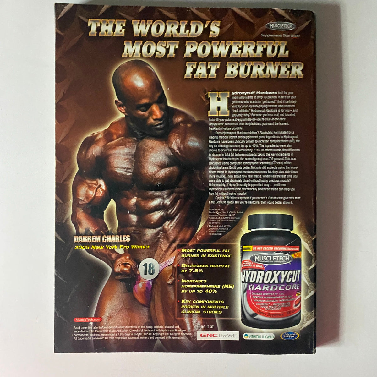 Back cover of Flex Magazine February 2006 advertising Hydroxycut as the world's most powerful fat burner with a focus on bodybuilding.