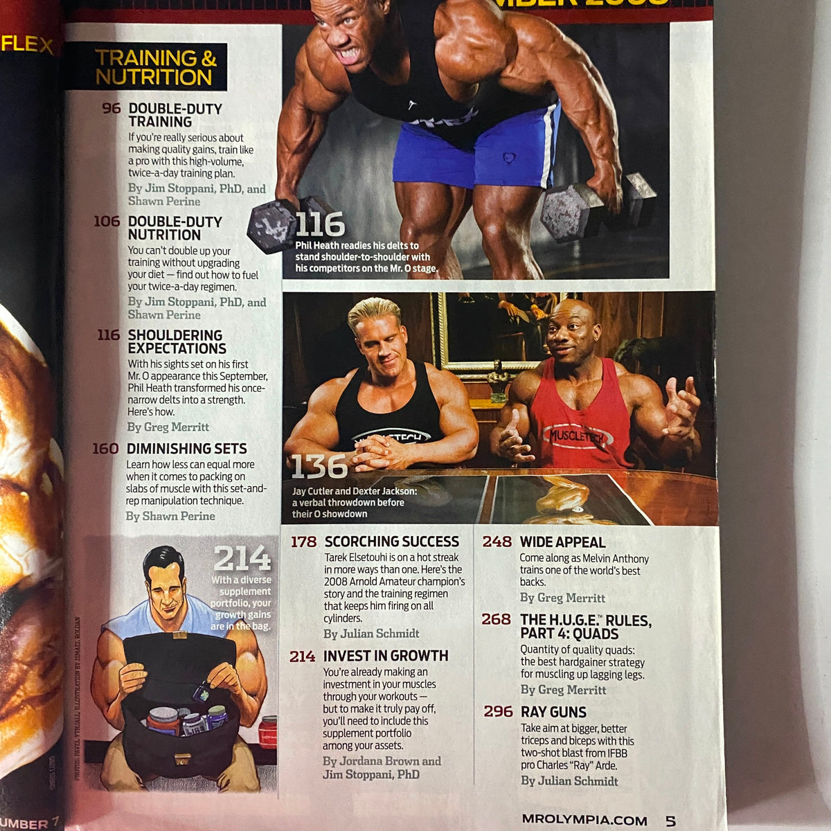 Inside content page layout of Flex Magazine September 2008 Vol 26, Num 7 featuring bodybuilding articles and training insights.