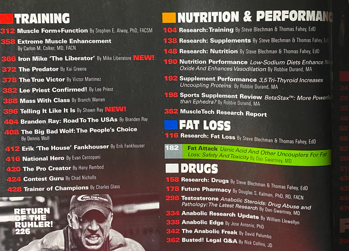 Table of contents from Muscular Development Magazine April 2009, detailing articles on training, nutrition, and performance.