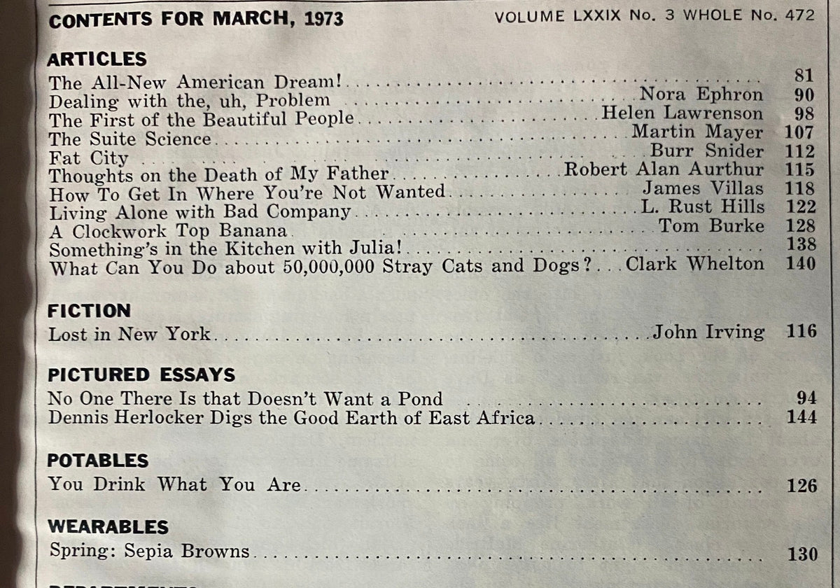 Contents page from Esquire Magazine March 1973 listing articles including 'The All-New American Dream!' and 'Fat City' which explore cultural themes of the era.