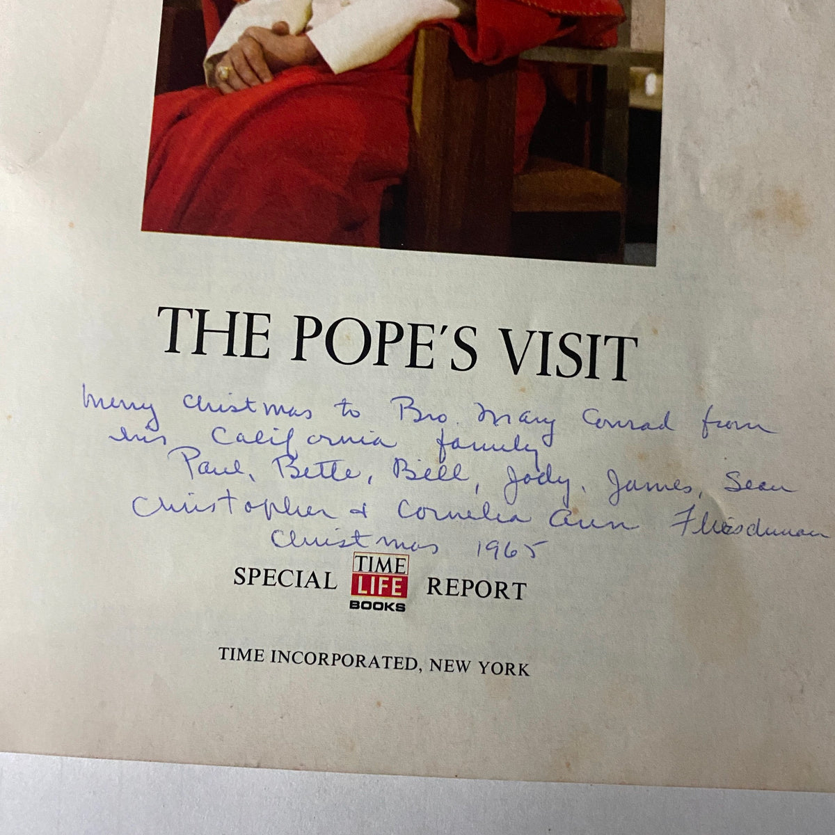 1965 Time Life Special Report: The Pope's Visit - A handwritten note wishing Merry Christmas with names from a California family, featured on the cover of the magazine.