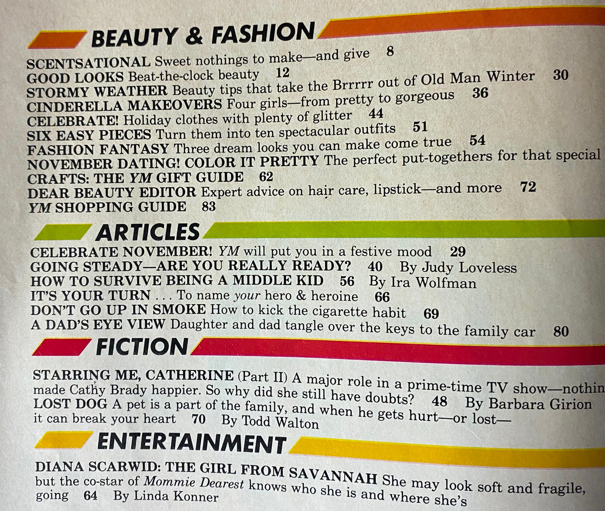 Table of contents for Young Miss Magazine, November 1981, highlighting sections on beauty, fashion, articles, and entertainment featuring Diana Scarwid, emphasizing retro topics and nostalgic content.