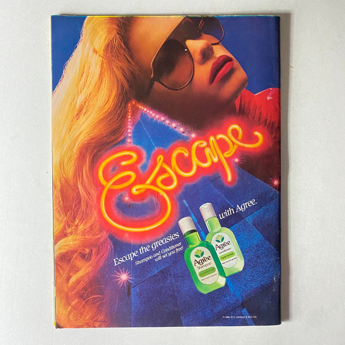 Retro advertisement for Agree shampoo and conditioner featuring a glamorous blonde model in sunglasses, promoting the slogan 'Escape the greasies', as showcased in Young Miss Magazine November 1981.