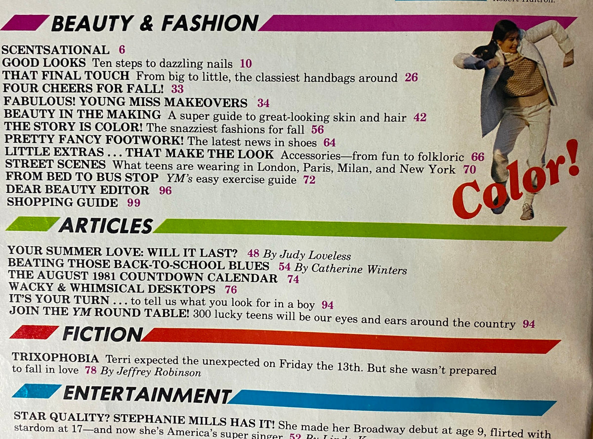 Table of contents from the Young Miss Magazine August 1981, featuring topics like beauty, fashion, summer love, and entertainment articles.