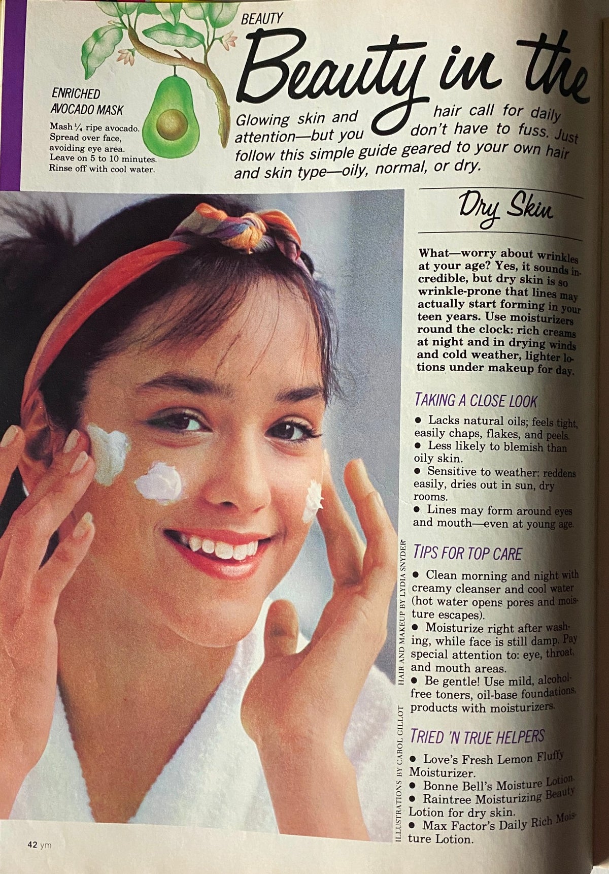 Beauty in the Young Miss Magazine August 1981, featuring a young woman applying an avocado mask, emphasizing skincare tips for different skin types.