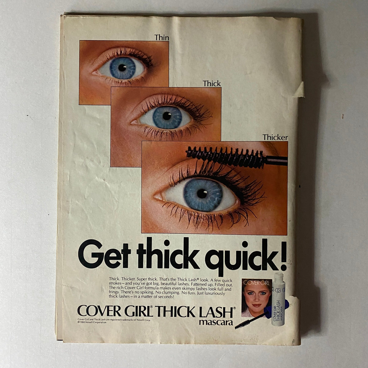 Cover Girl Thick Lash mascara advertisement from Young Miss Magazine August 1981, showcasing eyelashes in varying thickness with a focus on achieving fuller lashes.