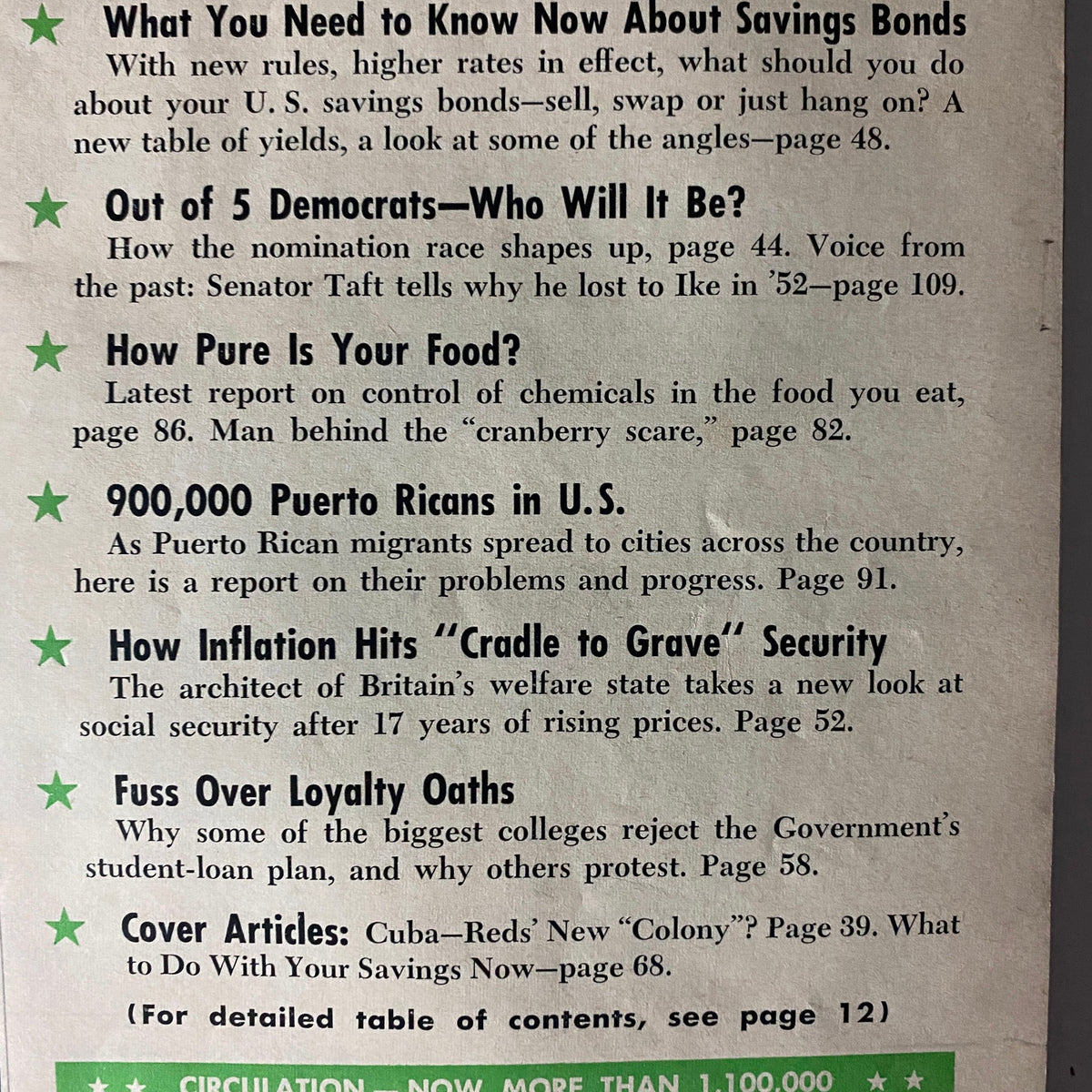 Inside page of U.S. News & World Report Magazine, December 7, 1959, showcasing articles on savings bonds, Puerto Rican migrants, and food safety. Key topics include '900,000 Puerto Ricans in U.S.' and 'How Inflation Hits "Cradle to Grave" Security,' reflecting the historical context of the era.