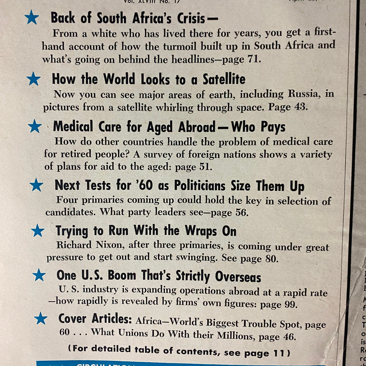 Interior page of U.S. News & World Report Magazine, April 25, 1960, detailing articles on South Africa's crisis and satellite imagery of the world. Highlights include political and social examinations relevant to the era.