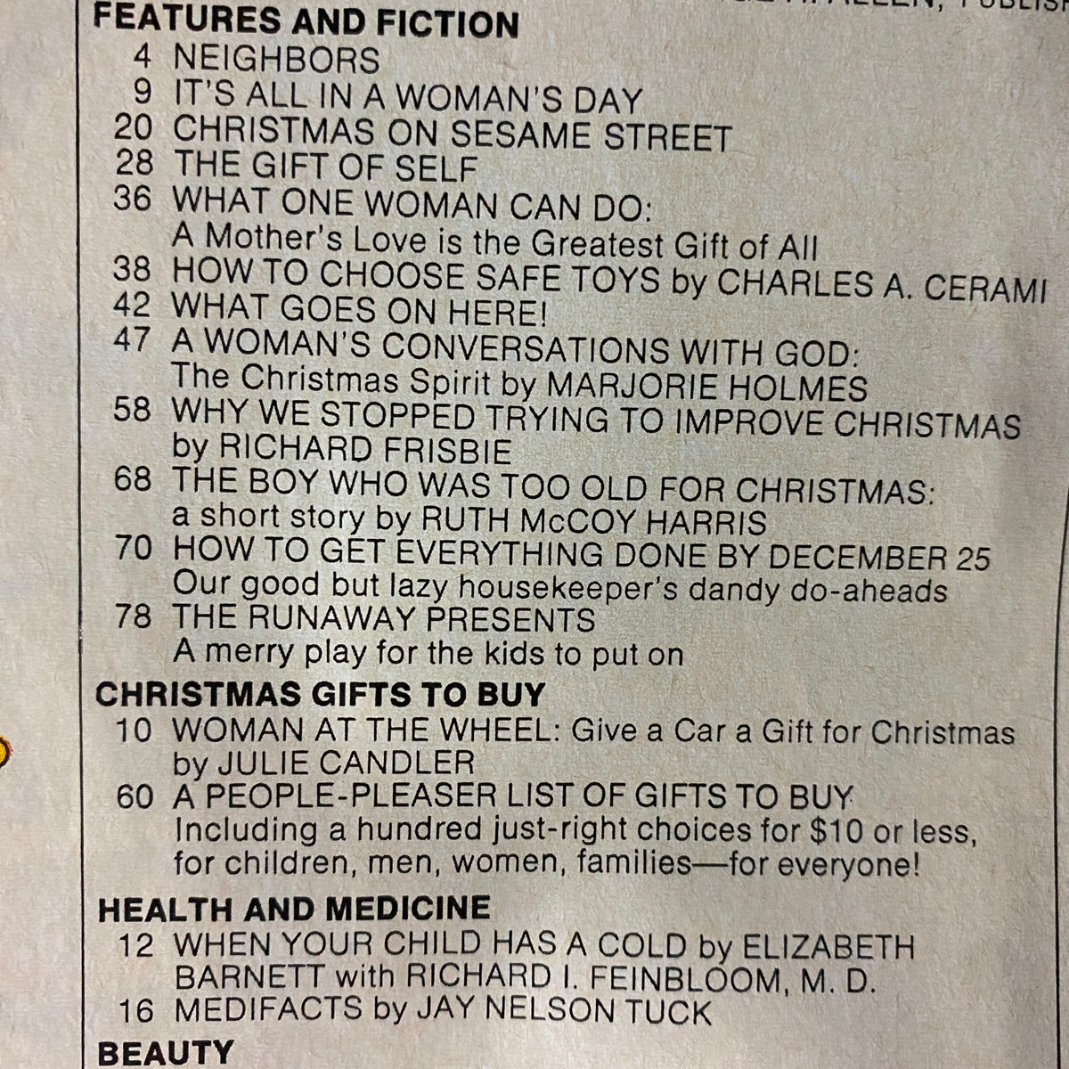 Features and fiction list from Woman's Day Magazine December 1971, highlighting articles such as 'Christmas on Sesame Street' and 'The Runaway Presents'.