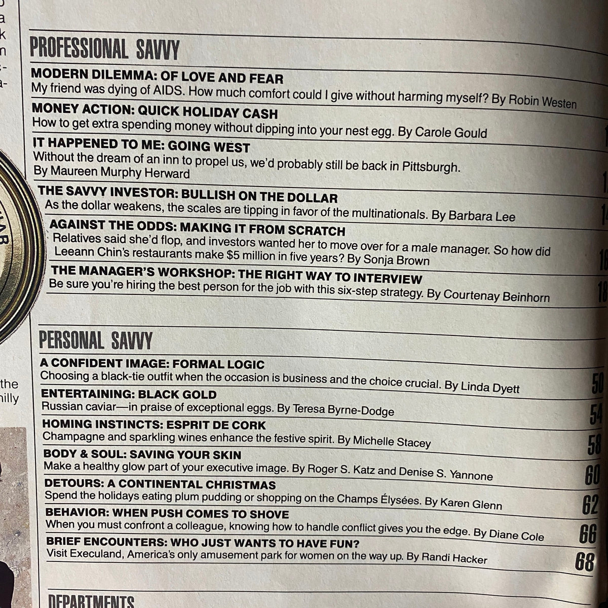 Contents page of Savvy Magazine December 1985 displaying featured articles, including 'Modern Dilemma: Of Love and Fear' and 'The Savvy Investor: Bullish on the Dollar', highlighting key topics for professional women.