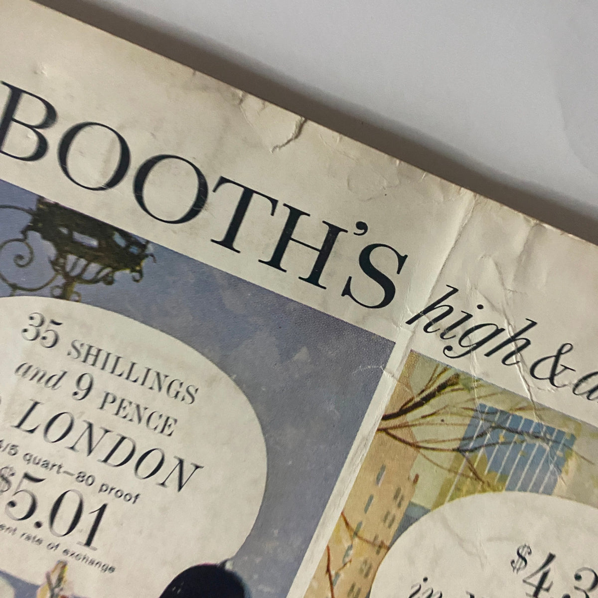 Close-up of the advertisement for Booth's High & Dry Gin from the August 1960 issue of Playboy Magazine, displaying pricing information.
