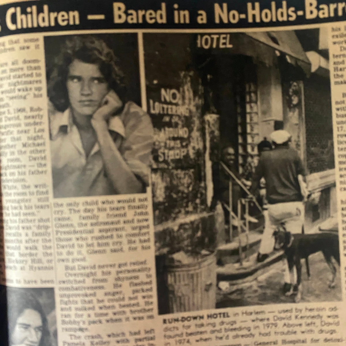 Inside article from National Enquirer Tabloid December 6, 1983 discussing children, featuring a photo of a young boy looking pensive outside a rundown hotel in Harlem.