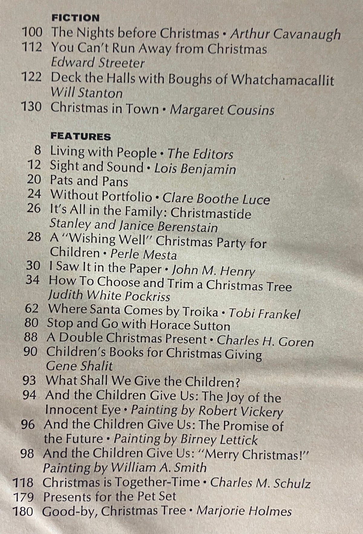 Table of contents from McCall's Magazine December 1964, showcasing featured articles and stories related to Christmas, emphasizing its rich festive traditions.