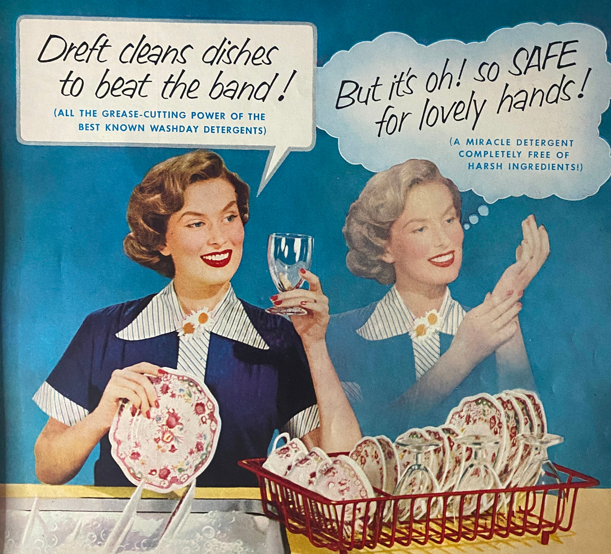 Vintage advertisement from October 1952 Ladies' Home Journal promoting Dreft dish detergent, highlighting its grease-cutting ability and safety for hands.