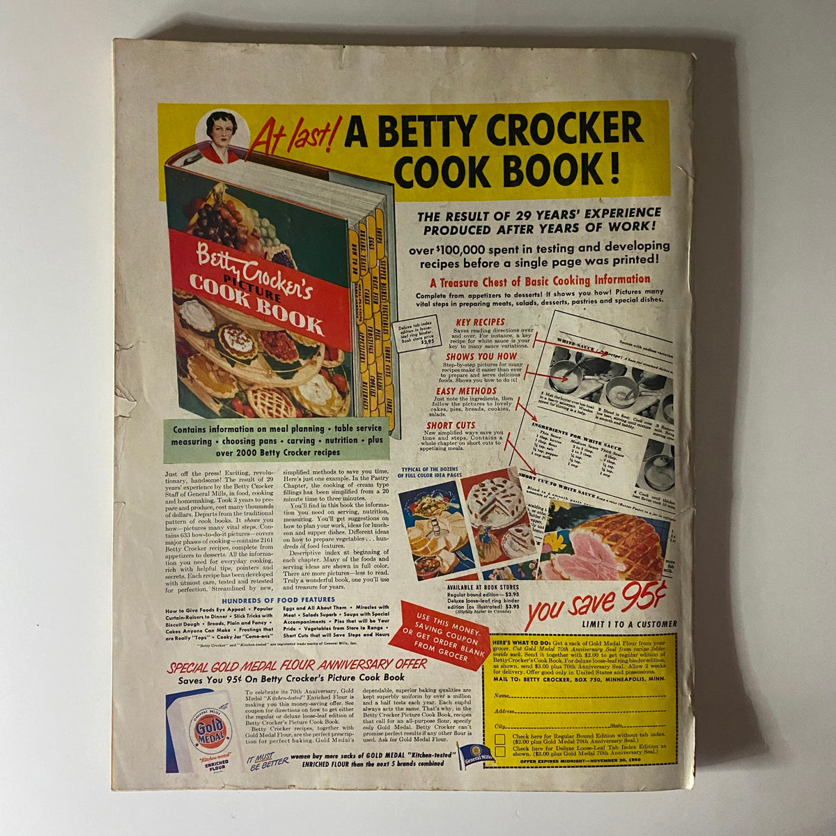 Back cover of Ladies' Home Journal Magazine November 1950 featuring an advertisement for Betty Crocker's Picture Cook Book, promoting cooking and meal planning.