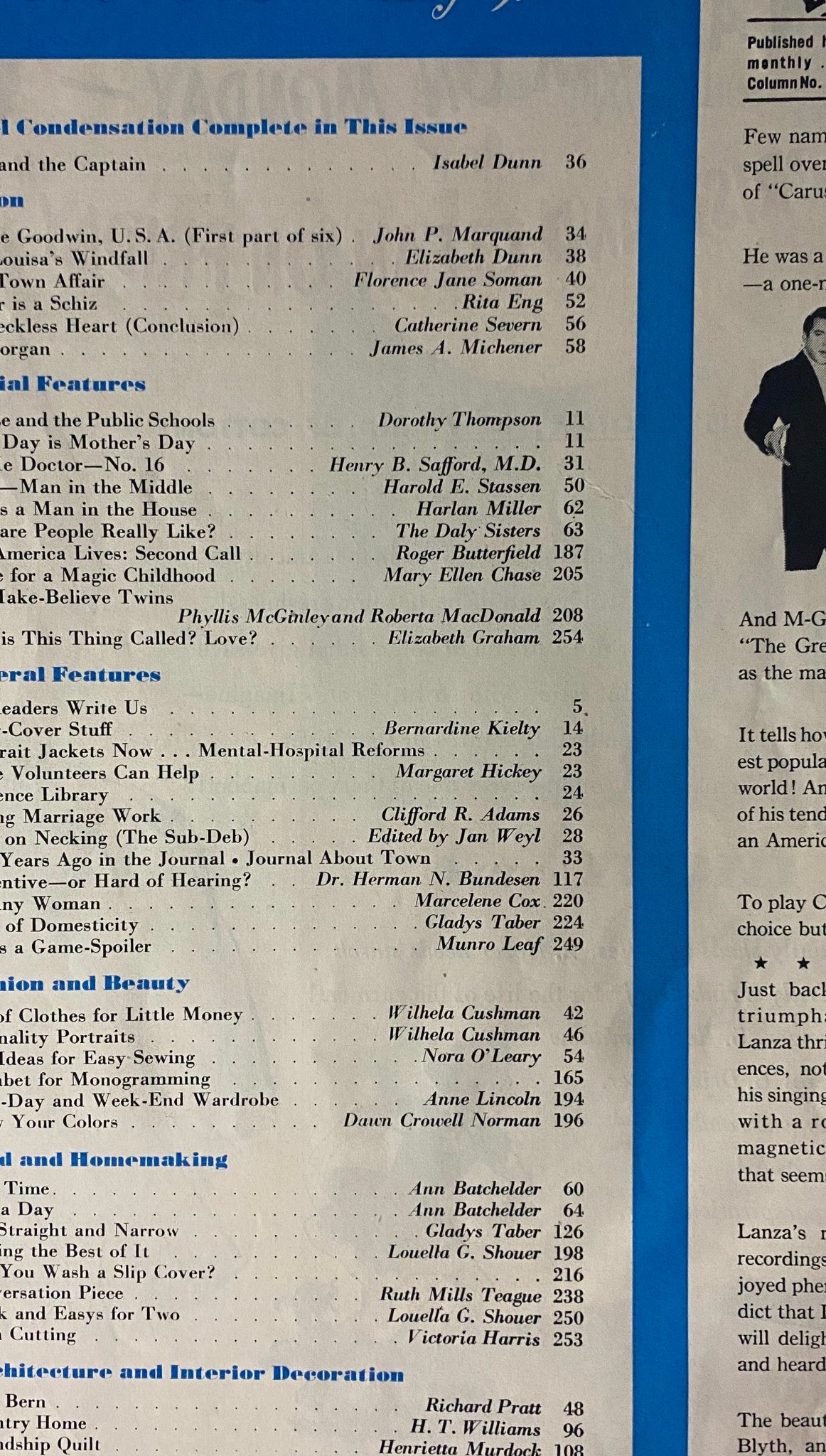 Contents page of Ladies' Home Journal Magazine May 1951 listing featured articles and authors including John P. Marquand and Isabel Dunn.