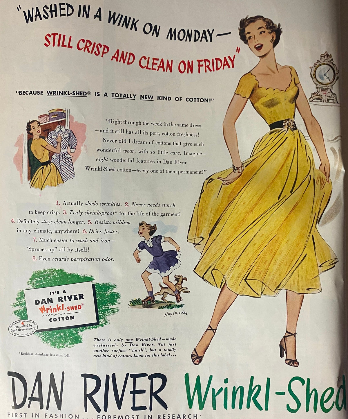 Advertisement from Ladies' Home Journal Magazine May 1951 for Dan River Wrinkl-Shed cotton, emphasizing its practical features for clothing care.