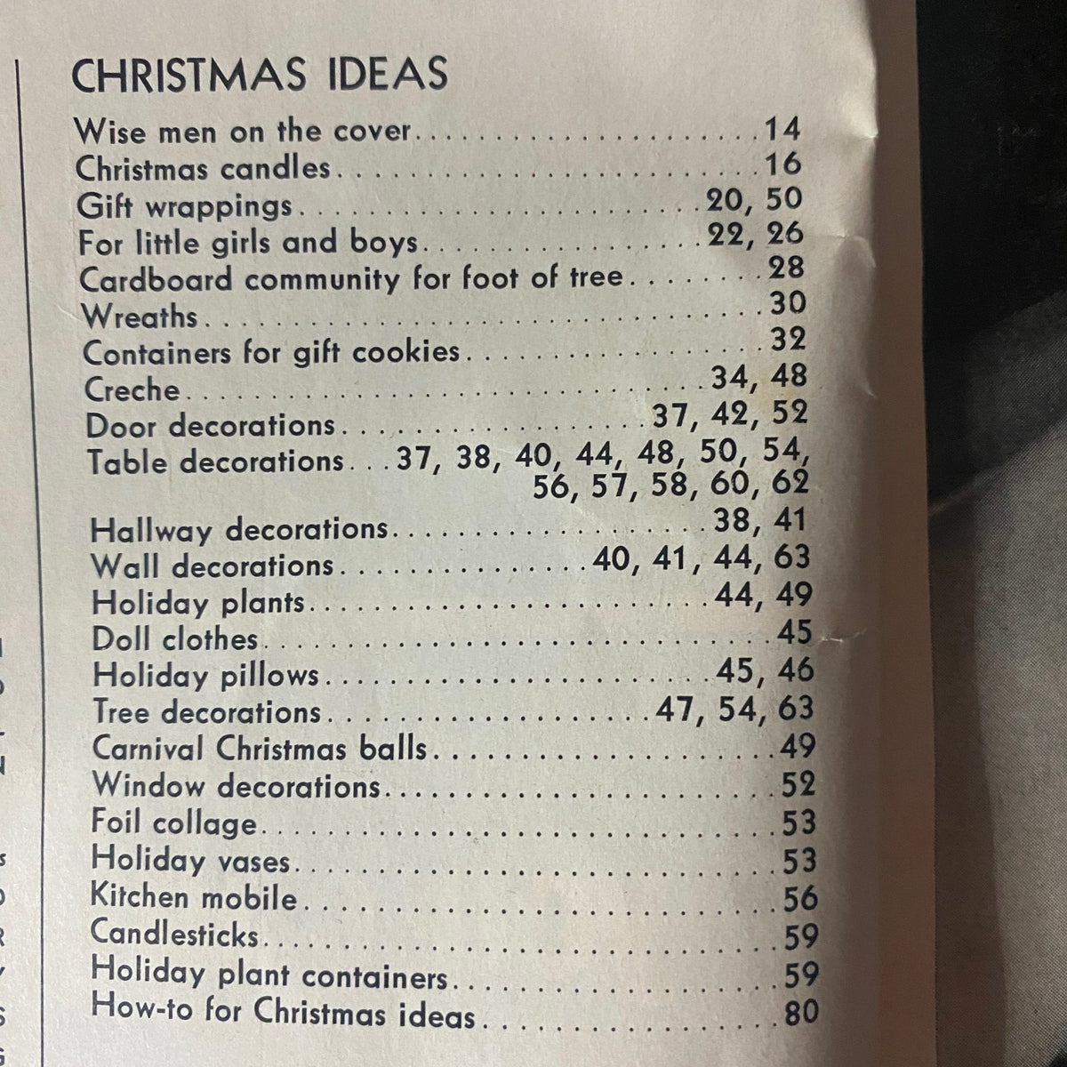 Table of contents from Better Homes & Gardens Magazine December 1963 Christmas Issue highlighting various holiday ideas and projects.