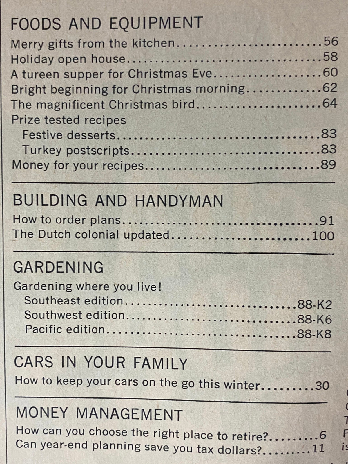 Table of contents from the December 1965 Better Homes & Gardens magazine, highlighting sections on foods, equipment, gardening, and money management, designed to guide readers during the holiday season.