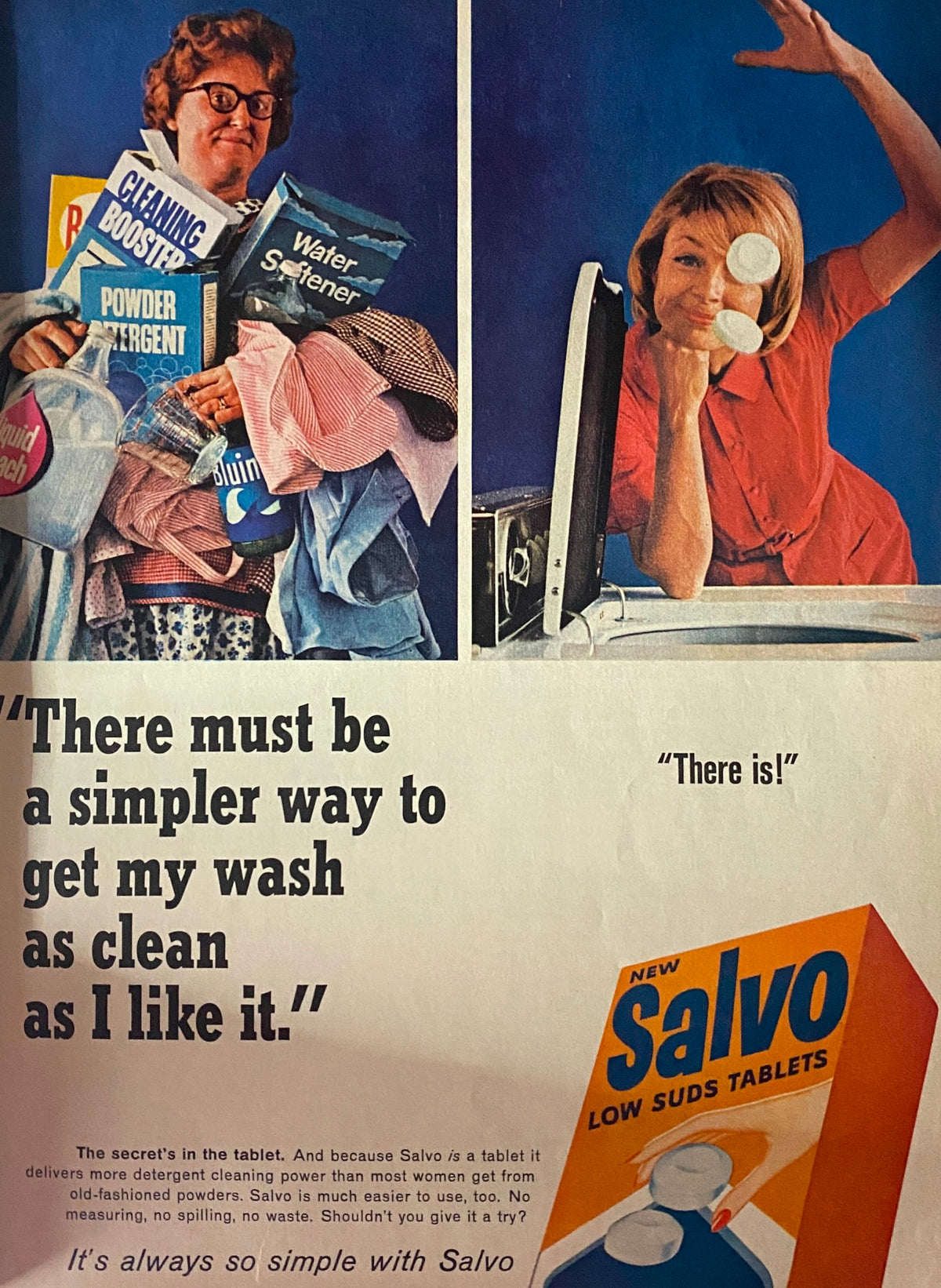 A vintage advertisement for Salvo low suds tablets from the December 1965 Better Homes & Gardens Magazine, showing a woman overwhelmed with laundry supplies on the left side and an energetic woman interacting with a washing machine on the right, underlining the simplicity of using Salvo for clean laundry.