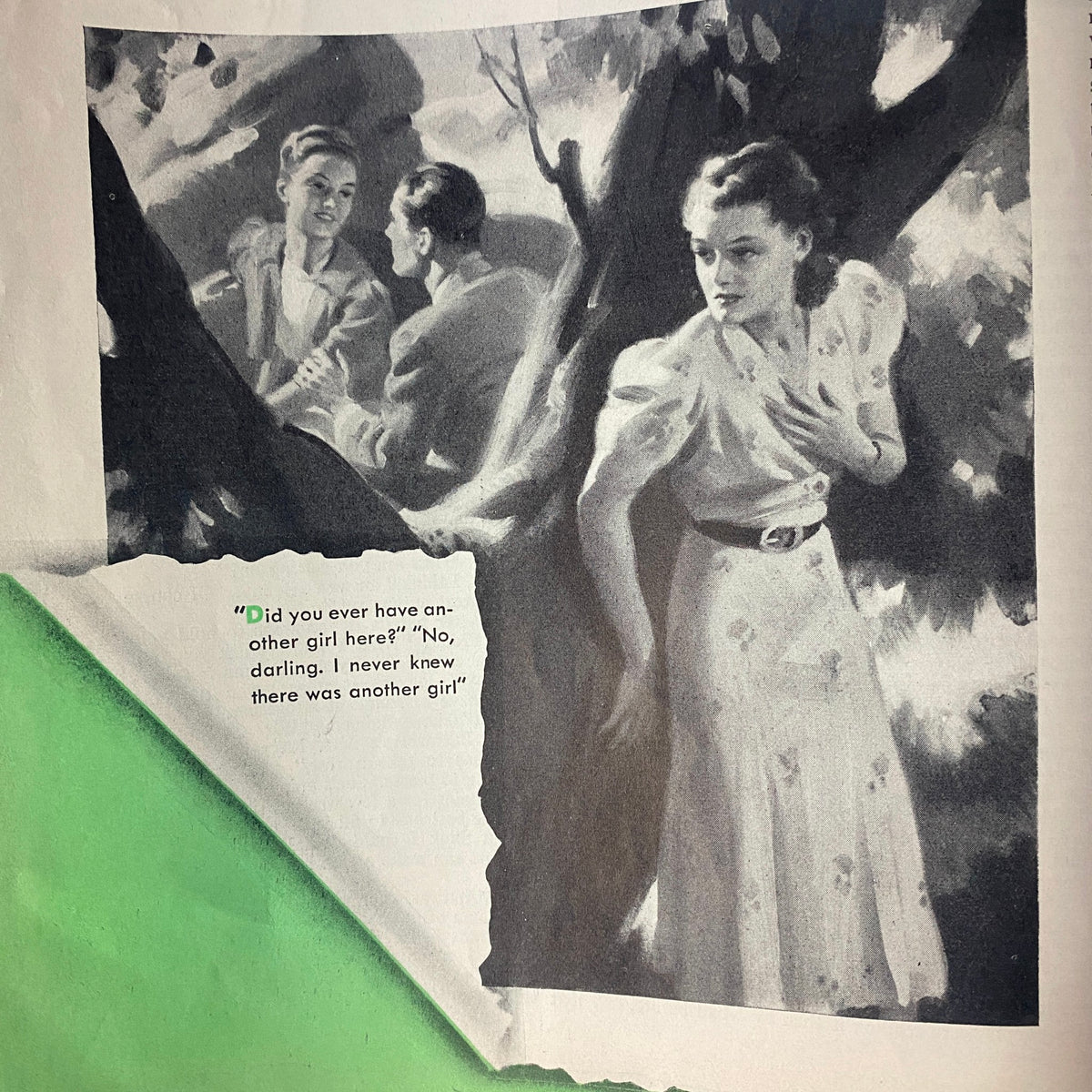 Illustration from McCall's Magazine March 1939 featuring a dramatic scene with a woman in a light dress and two others, captioned 'Did you ever have another girl here?' showcasing the artistic style of Fanny Heaslip Lea.