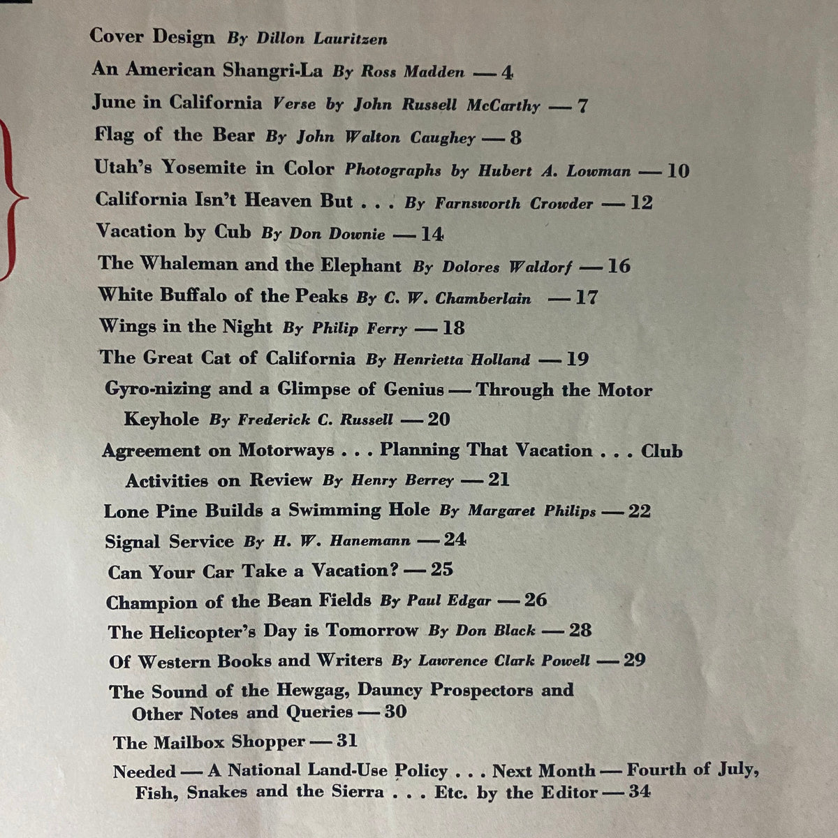 Table of contents from Westways Magazine June 1946, listing articles and illustrations that explore California's culture and travel themes.
