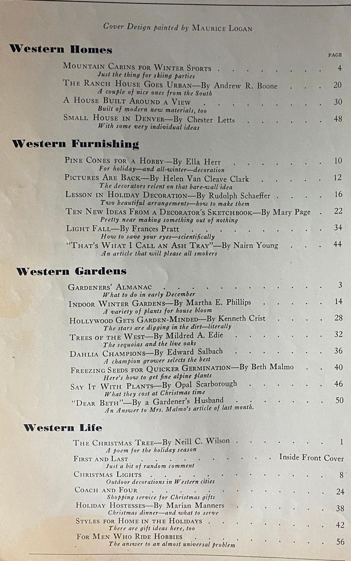 Table of contents from Homes of The West Magazine December 1937 showcasing articles on Western homes, furnishing, gardens, and lifestyle.