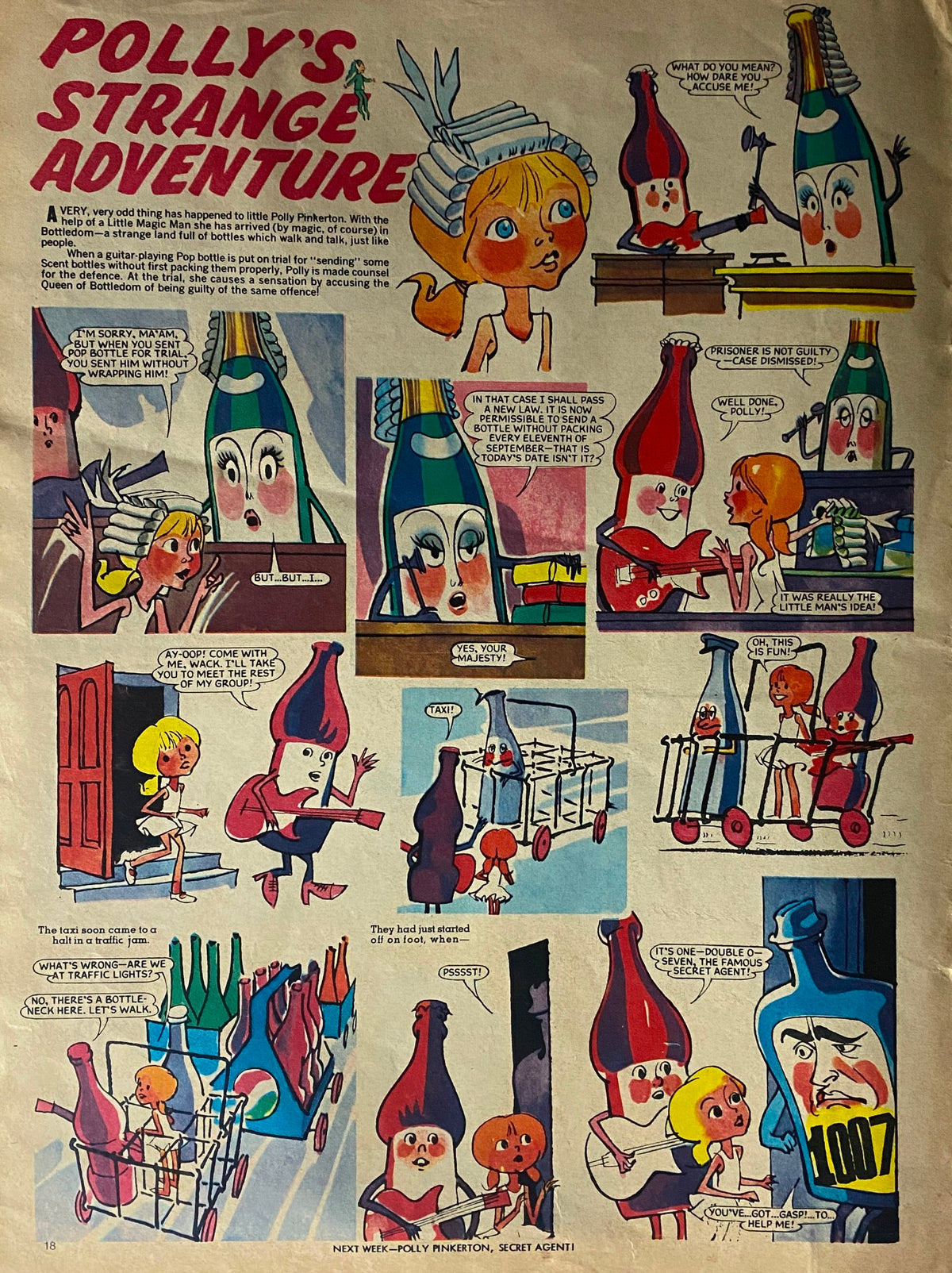 Comic strip from 'Diana Super Picture Stories March 1966: Polly's Strange Adventure', depicting a whimsical courtroom scenario with animated bottle characters, showcasing the playful storytelling style of vintage comics.