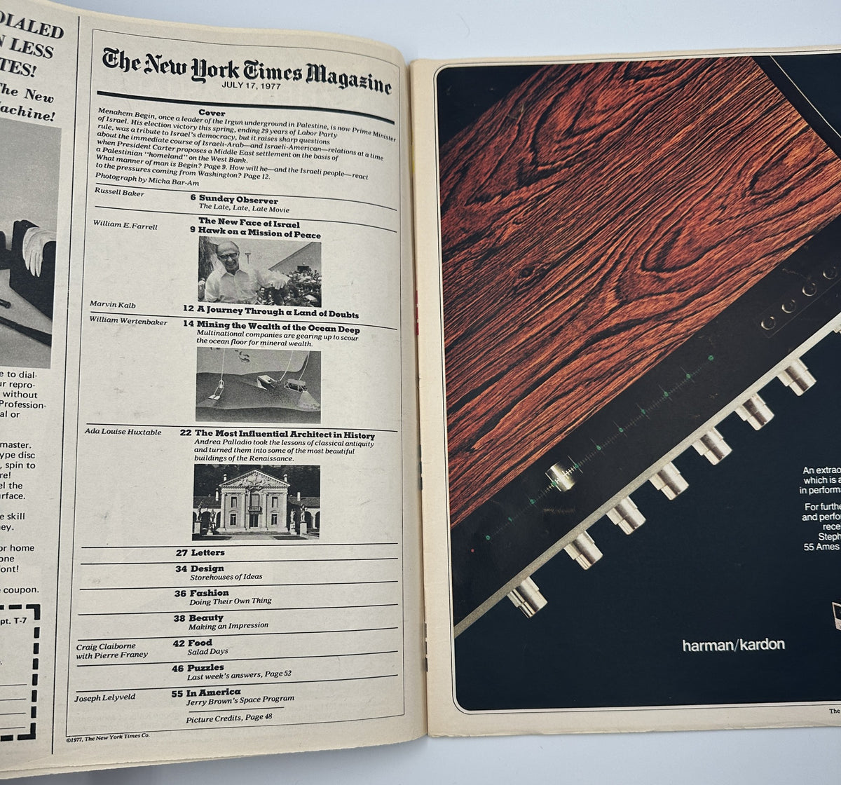 The New York Times Magazine July 17, 1977 interior page featuring the Table of Contents, highlighting various articles including 'The New Face of Israel' and 'A Journey Through a Land of Doubts'.