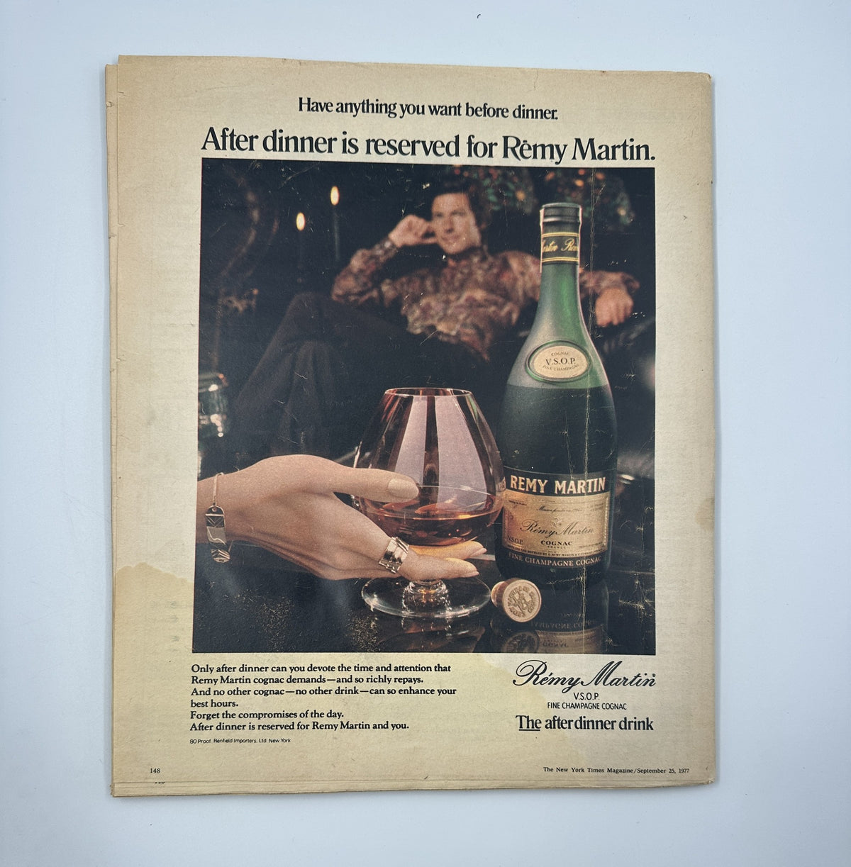 The New York Times Magazine September 25, 1977 advertisement for Remy Martin with an inviting message about enjoying the drink after dinner, illustrating the luxurious lifestyle.