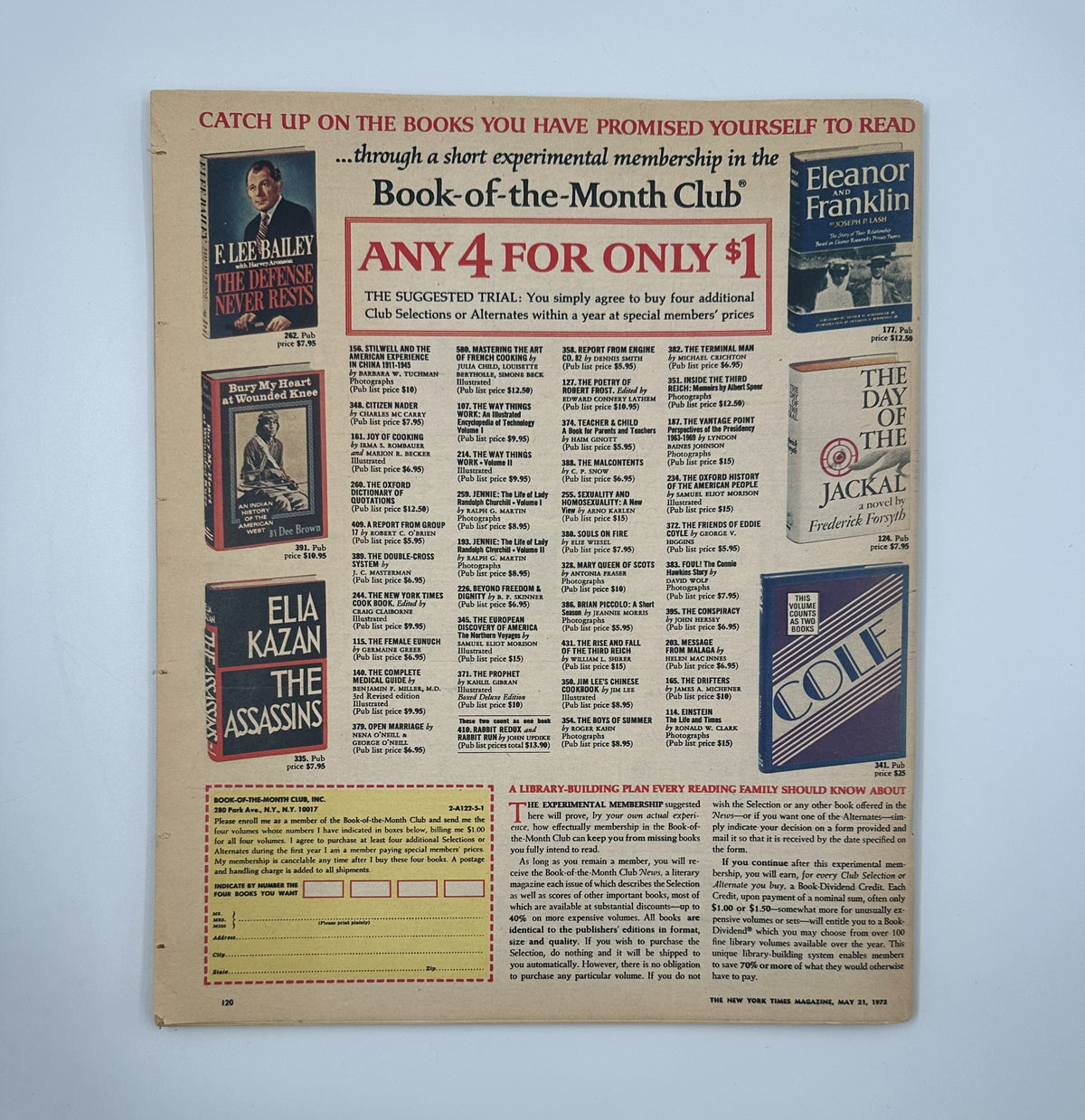 The New York Times Magazine May 21, 1972 back cover promoting book club memberships with titles listed, highlighting the nostalgic design and vintage advertisements from the era.
