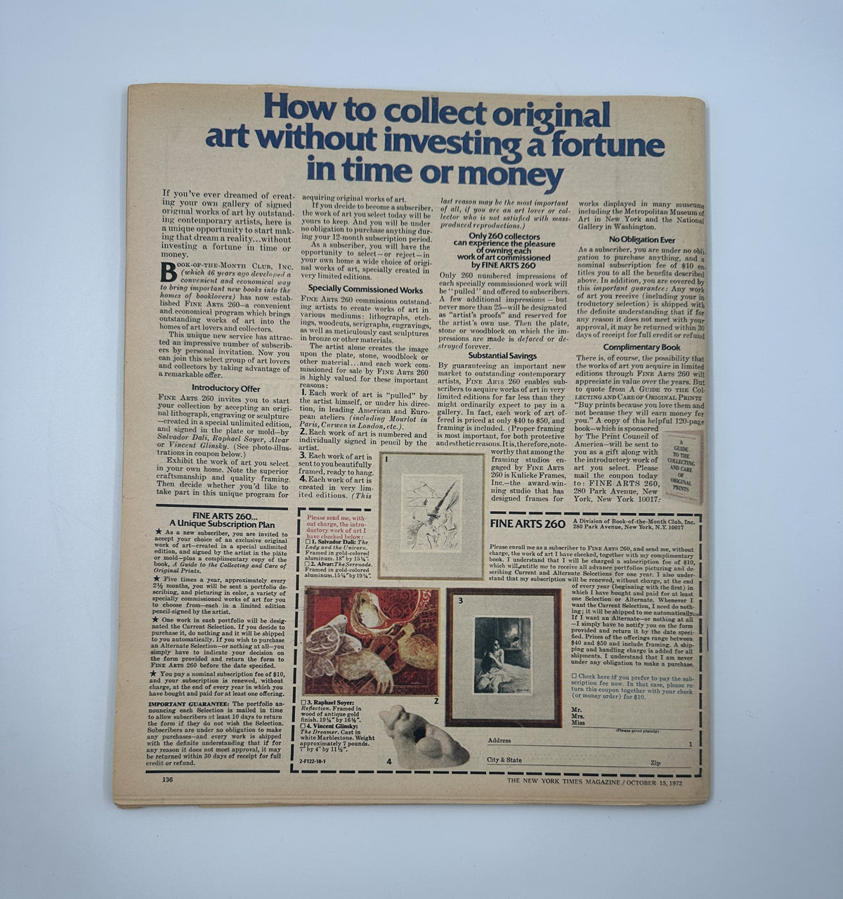 Reverse side of The New York Times Magazine dated October 15, 1972 featuring an article titled 'How to collect original art without investing a fortune in time or money,' emphasizing art collection.