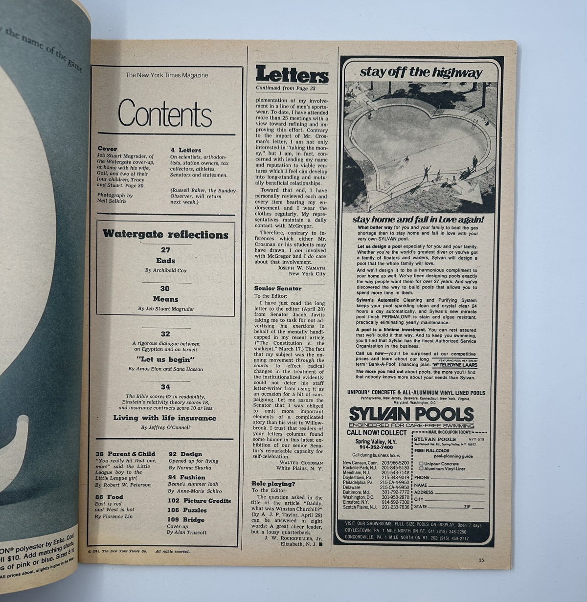 Page from The New York Times Magazine showing the table of contents, including sections like 'Letters' and 'Watergate Reflections'. It highlights features of the issue.