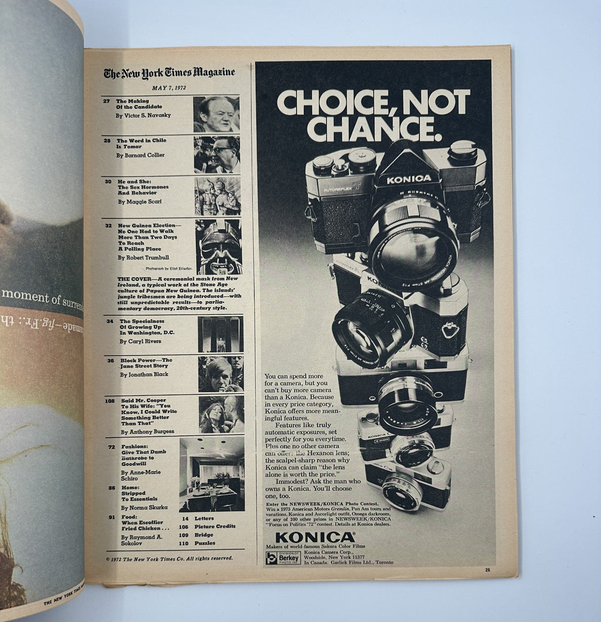 Inside page of The New York Times Magazine May 7, 1972, showing an advertisement for Konica cameras alongside the Table of Contents.