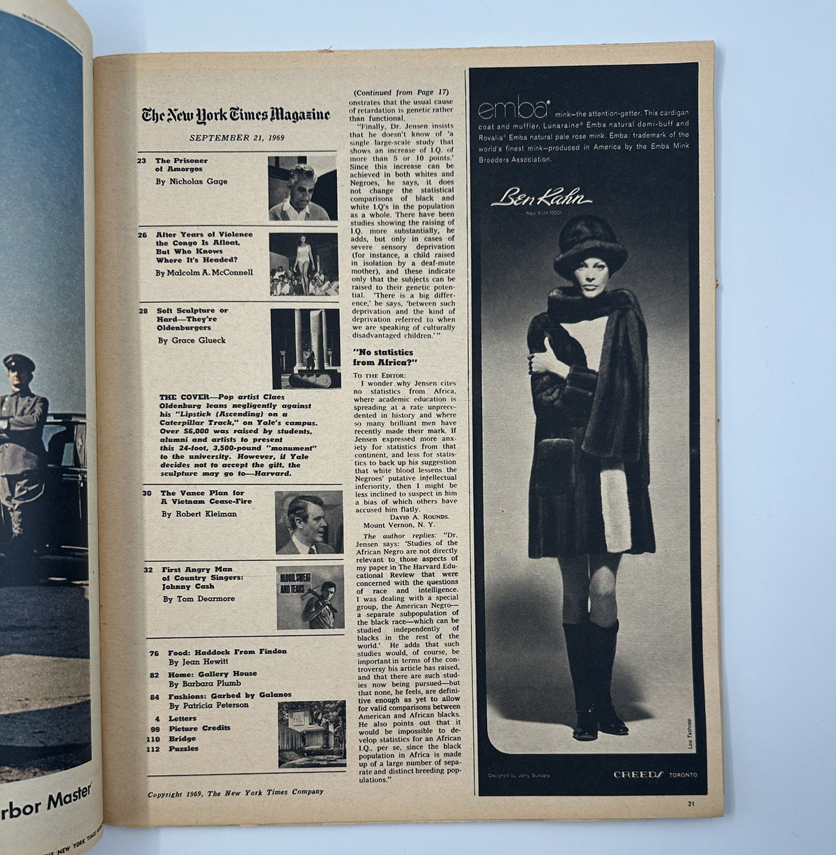 The New York Times Magazine September 21, 1969, showing the Table of Contents with articles including one about Claes Oldenburg's pop art sculpture.