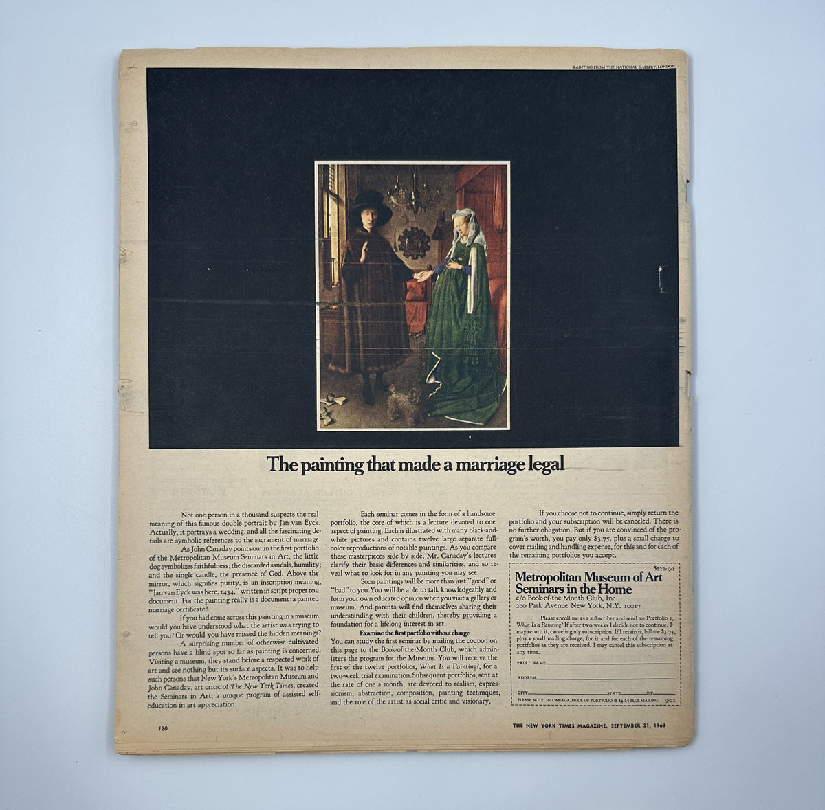 The New York Times Magazine September 21, 1969, highlighting an article about a notable painting at the Metropolitan Museum of Art, discussing its significance to marriage.