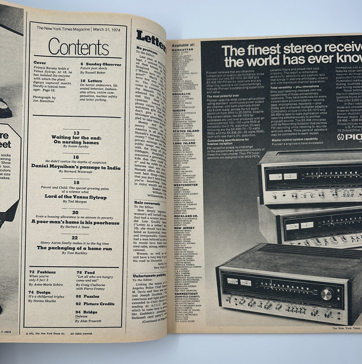 Inside spread of The New York Times Magazine March 31, 1974 displaying the Table of Contents, detailing various articles including 'Lord of the Venus flytrap', and the editorial layout of the magazine.