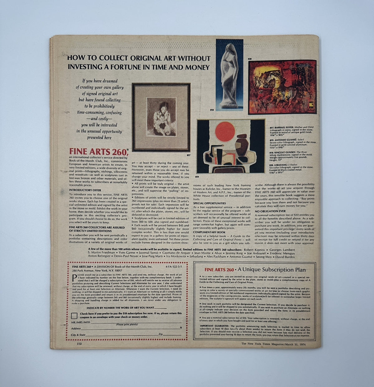 The back cover of The New York Times Magazine March 31, 1974, featuring advertisements and promotional content, indicative of the magazine's marketing strategies during that era.