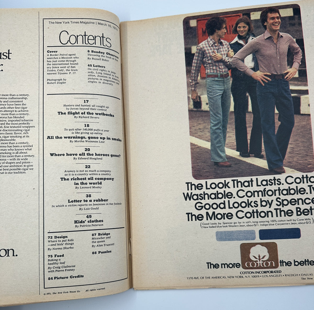 Inside spread of The New York Times Magazine March 10, 1974, showing the Table of Contents, including the feature 'The Flight of the Wetbacks'.