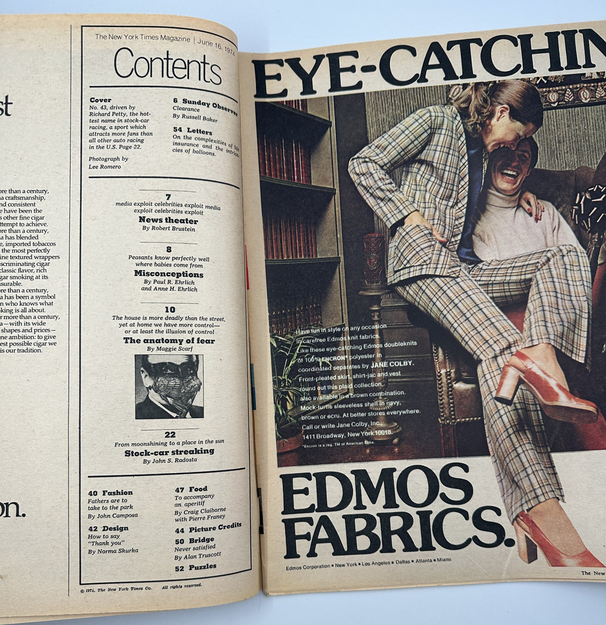 Interior page of The New York Times Magazine June 16, 1974 displaying the Table of Contents with sections including 'Sunday Observer', 'Misconceptions', and 'Stock-car streaking'.