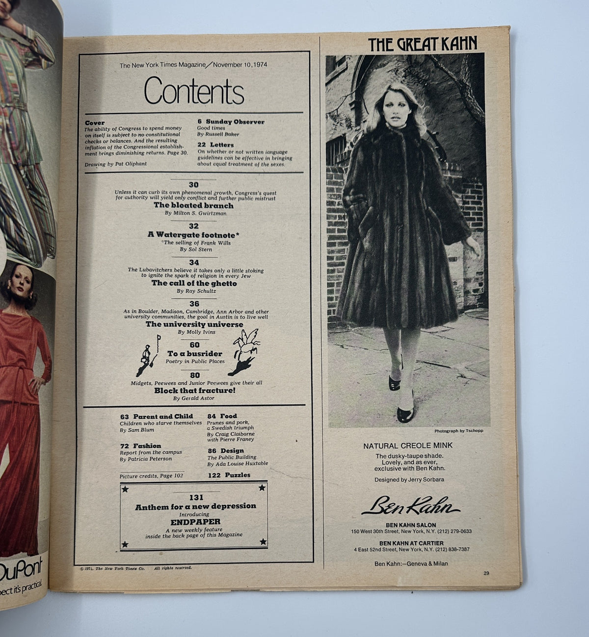 Table of Contents page from The New York Times Magazine November 10, 1974, listing articles including 'The Bloated Branch' and 'A Watergate Footnote', with accompanying images and text.