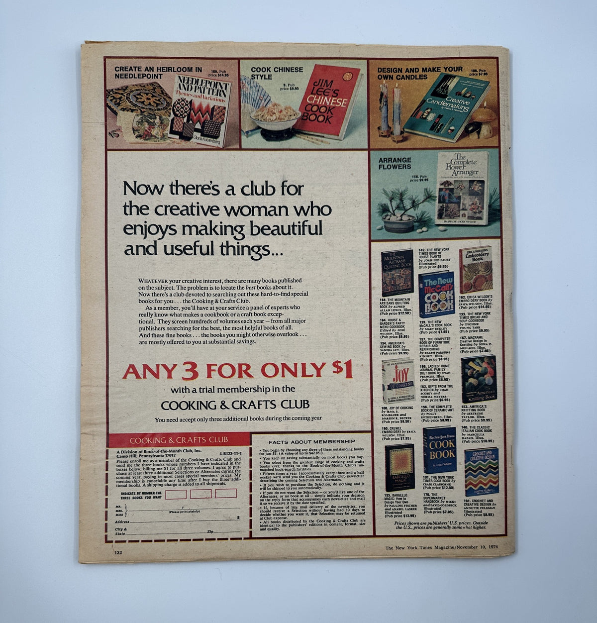 Back cover of The New York Times Magazine, November 10, 1974, highlighting an advertisement for a creative Cooking & Crafts club, appealing to women just like the magazine's readers.